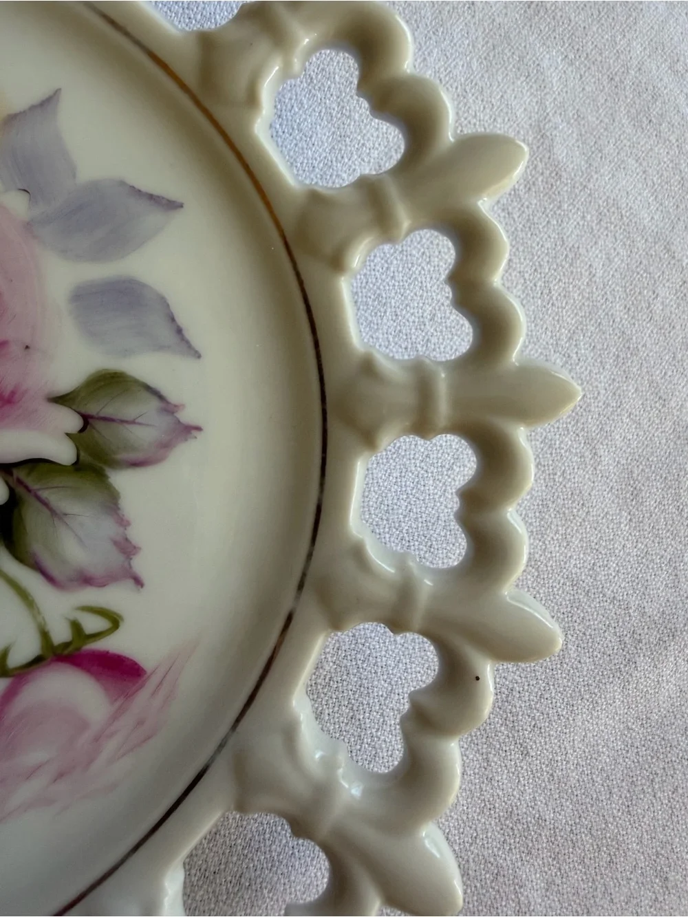 VTG Porcelain Reticulated Hand Painted Floral Plate with Pink Rose Motif - Japan